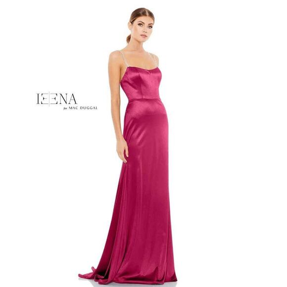 NWT Ieena for Mac Duggal Womens Hot Pink Rhinestone Beaded Strap Satin Dress 2 - Picture 1 of 12